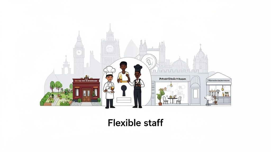 Diverse hospitality staff, including chefs and waiters, with London landmarks, symbolizing flexible staffing solutions.