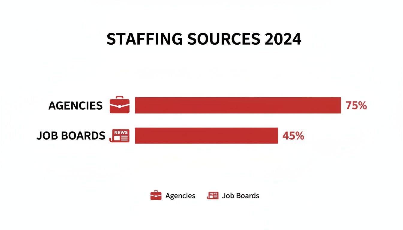 Bar chart illustrating 2024 staffing sources, showing Agencies at 75% and Job Boards at 45%.