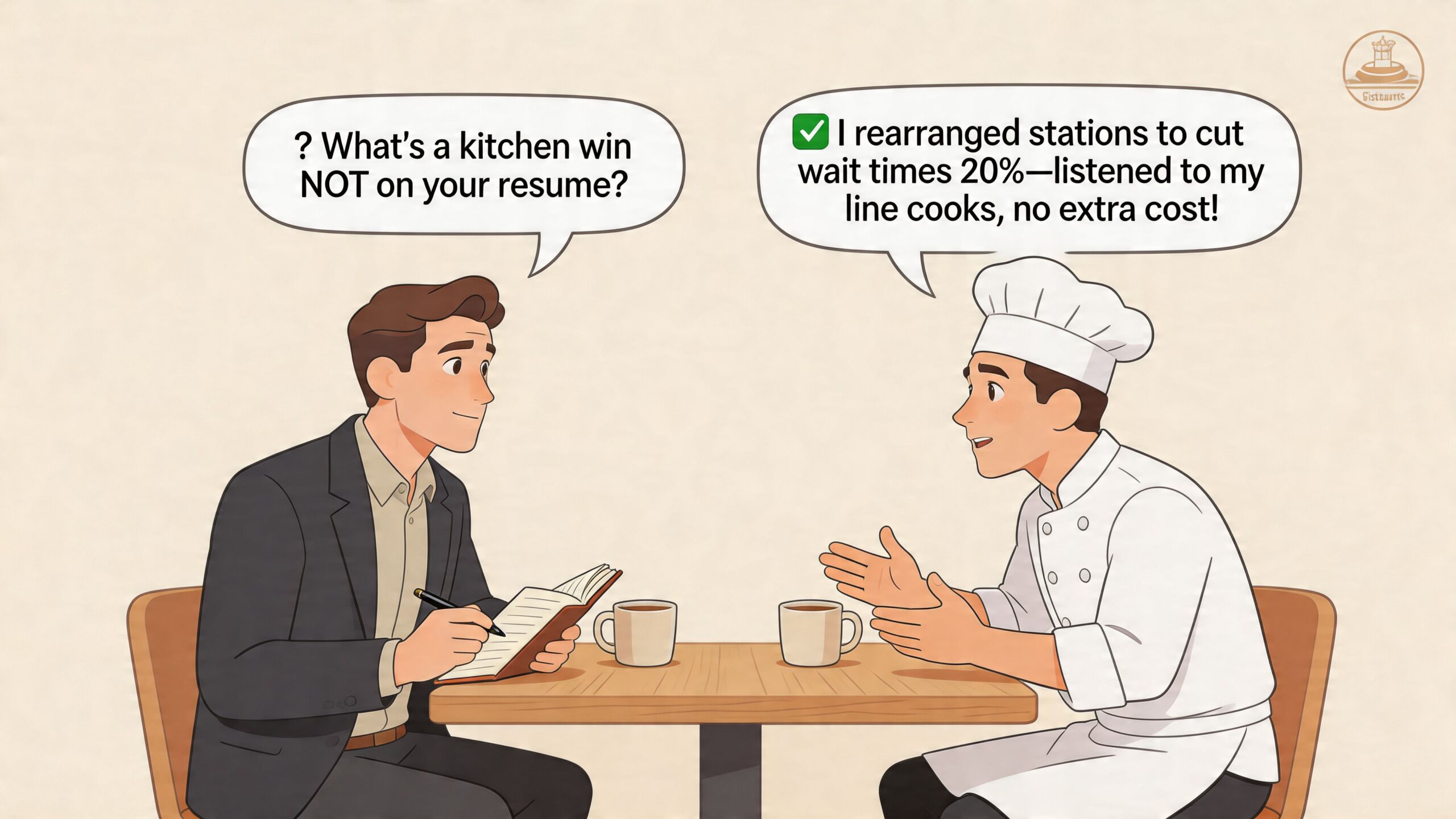 A professional interviewer talking to a chef in a restaurant while discussing kitchen management achievements.