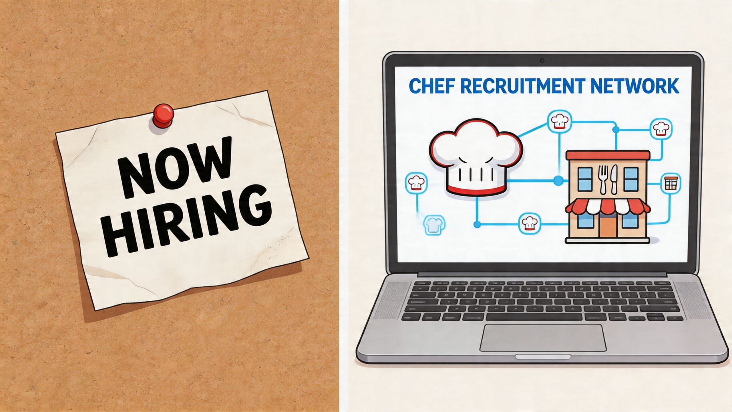A split image showing a Now Hiring sign on a cork board next to a chef recruitment website.