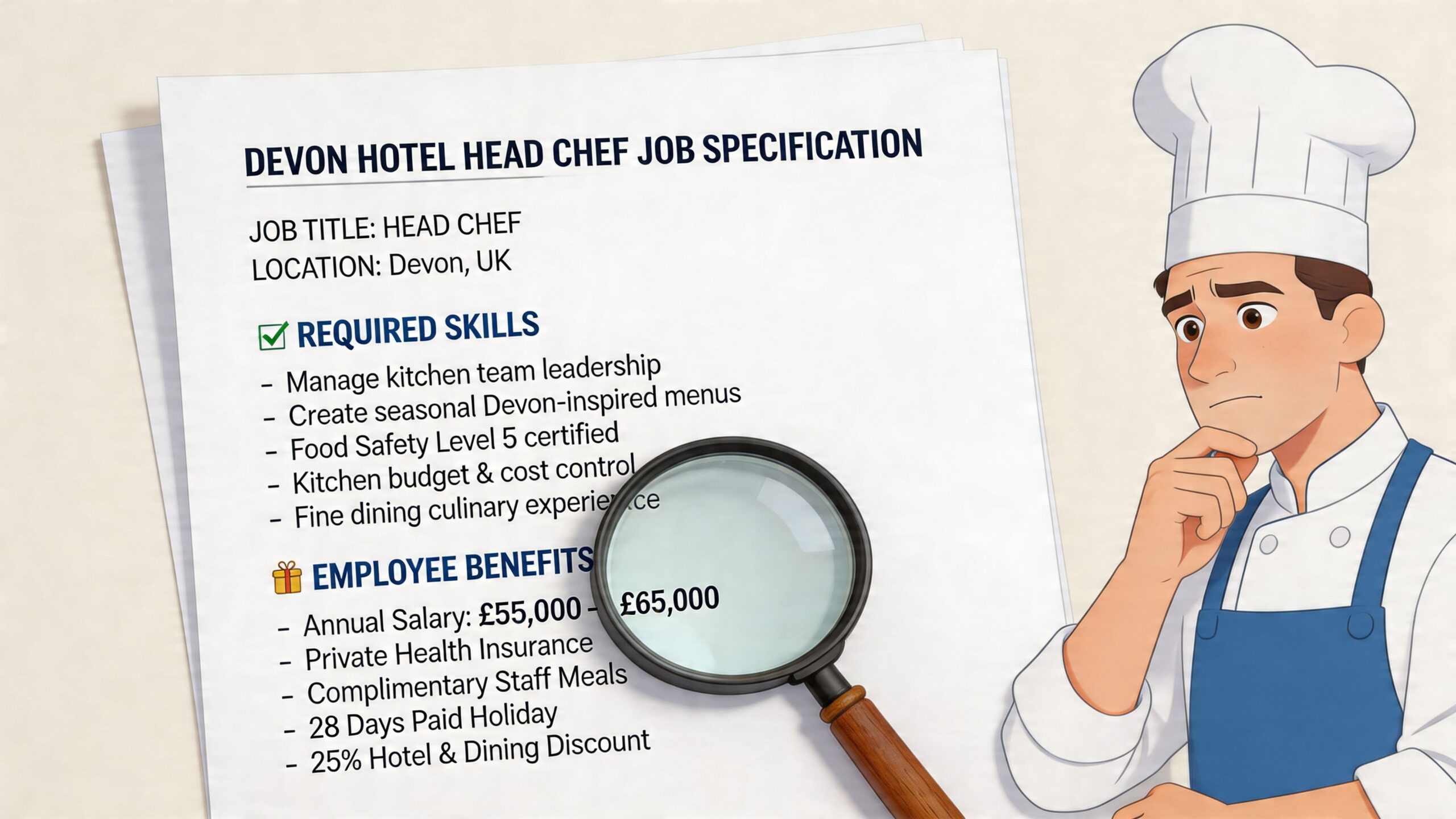 A cartoon chef looks thoughtfully at a job specification document for a Head Chef position in Devon, UK.
