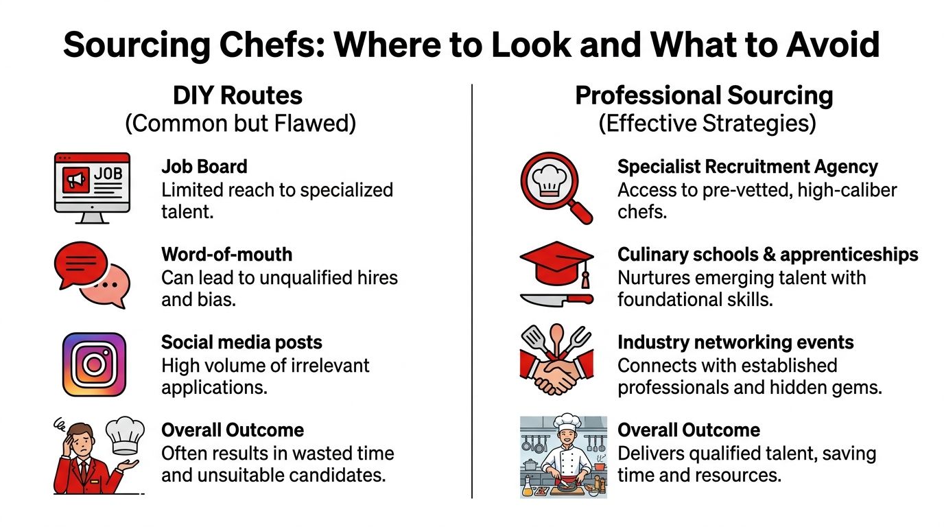 A comparison chart showing DIY chef recruitment methods versus professional sourcing strategies for hospitality hiring.