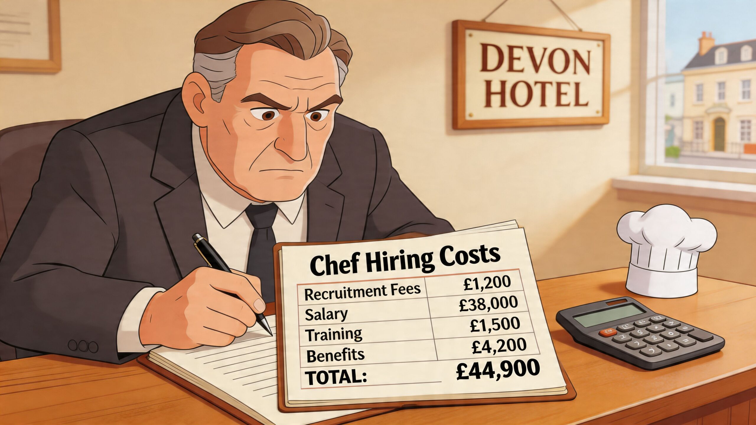 A concerned hotel manager calculates the high financial costs associated with hiring a new professional chef.