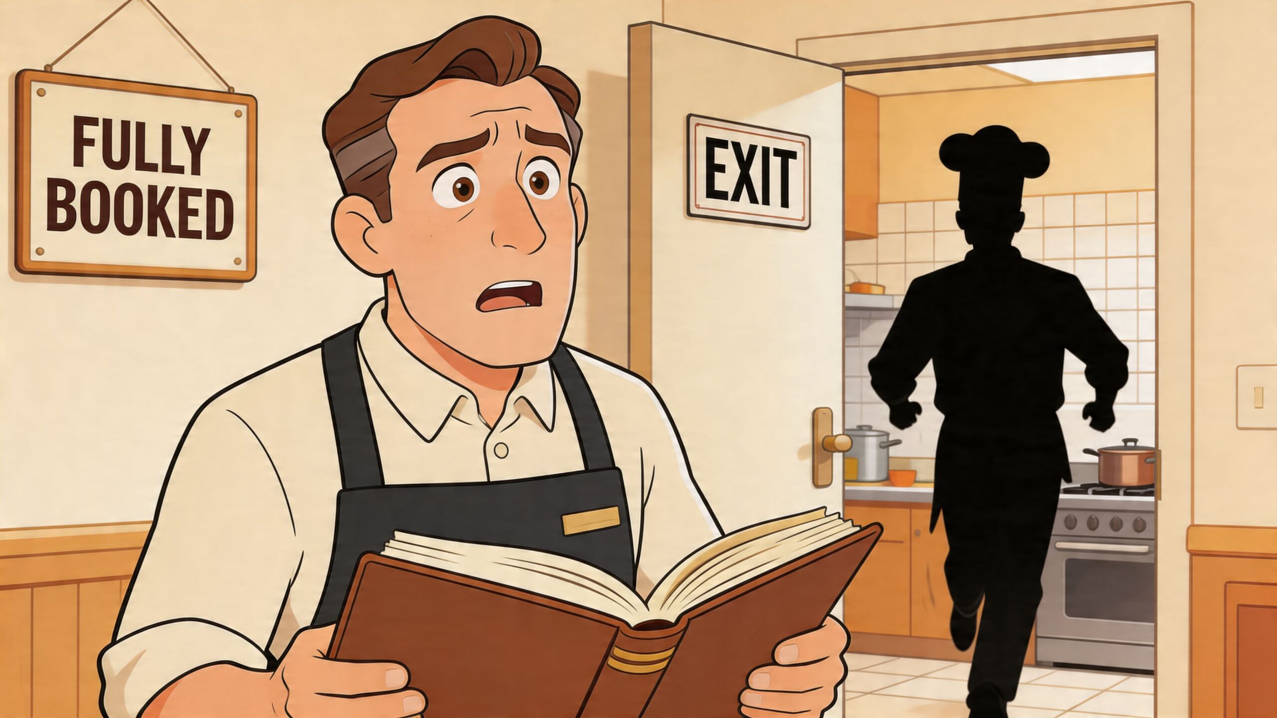 A concerned waiter holding a booking ledger with a silhouette of a chef running in the background.