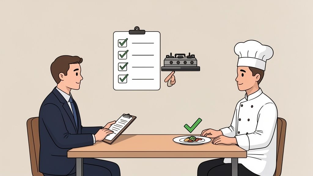 A businessman reviews a chef's dish, symbolizing quality assessment or culinary job interview.