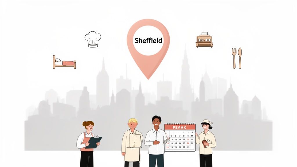 Sheffield location pin, hospitality icons like a chef's hat and bed, and diverse staff members.