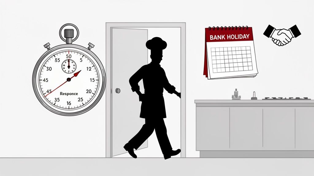 A chef walks into a kitchen, accompanied by a stopwatch, bank holiday calendar, and handshake icon.