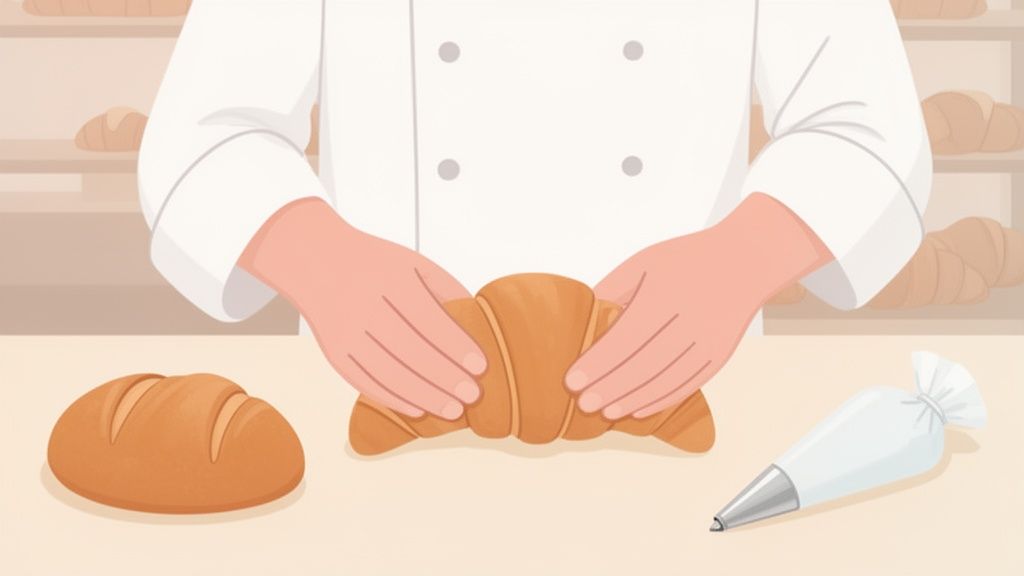 A baker in a white chef's jacket shapes a croissant with both hands on a counter.