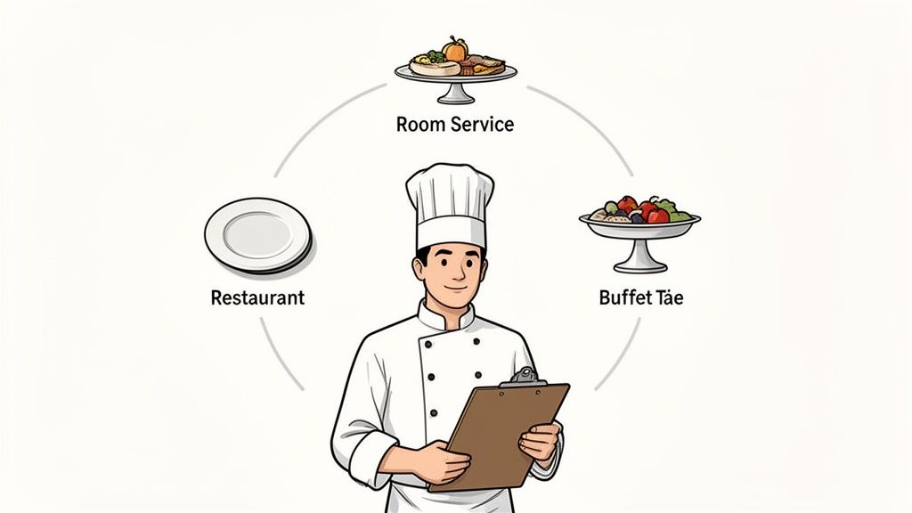 A smiling chef holding a clipboard manages room service, restaurant, and buffet food options.