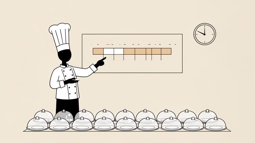 A chef in uniform points at a progress bar above a line of cloche-covered dishes.