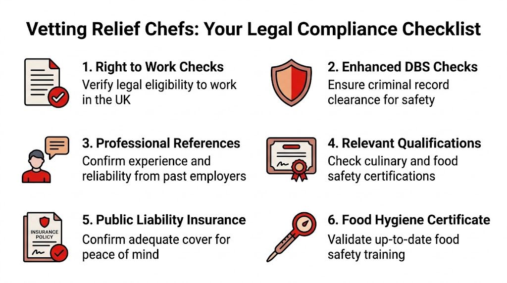 A legal compliance checklist for vetting relief chefs, covering right to work, DBS, references, and certifications.