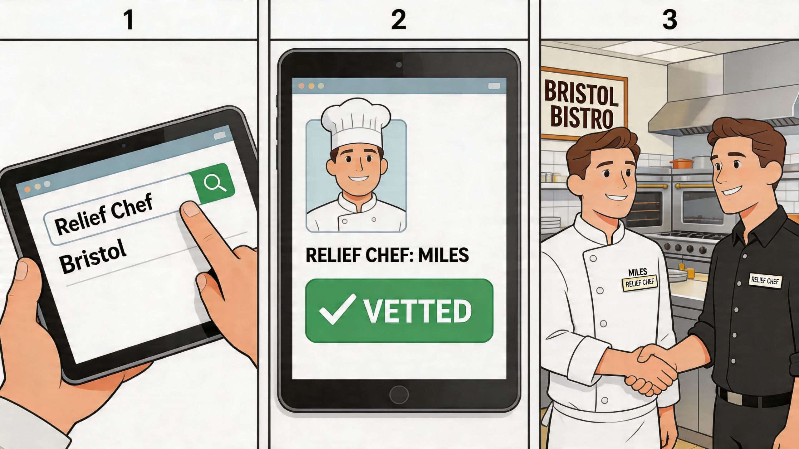 A three-panel illustration showing the process of hiring a vetted relief chef in Bristol using an app.