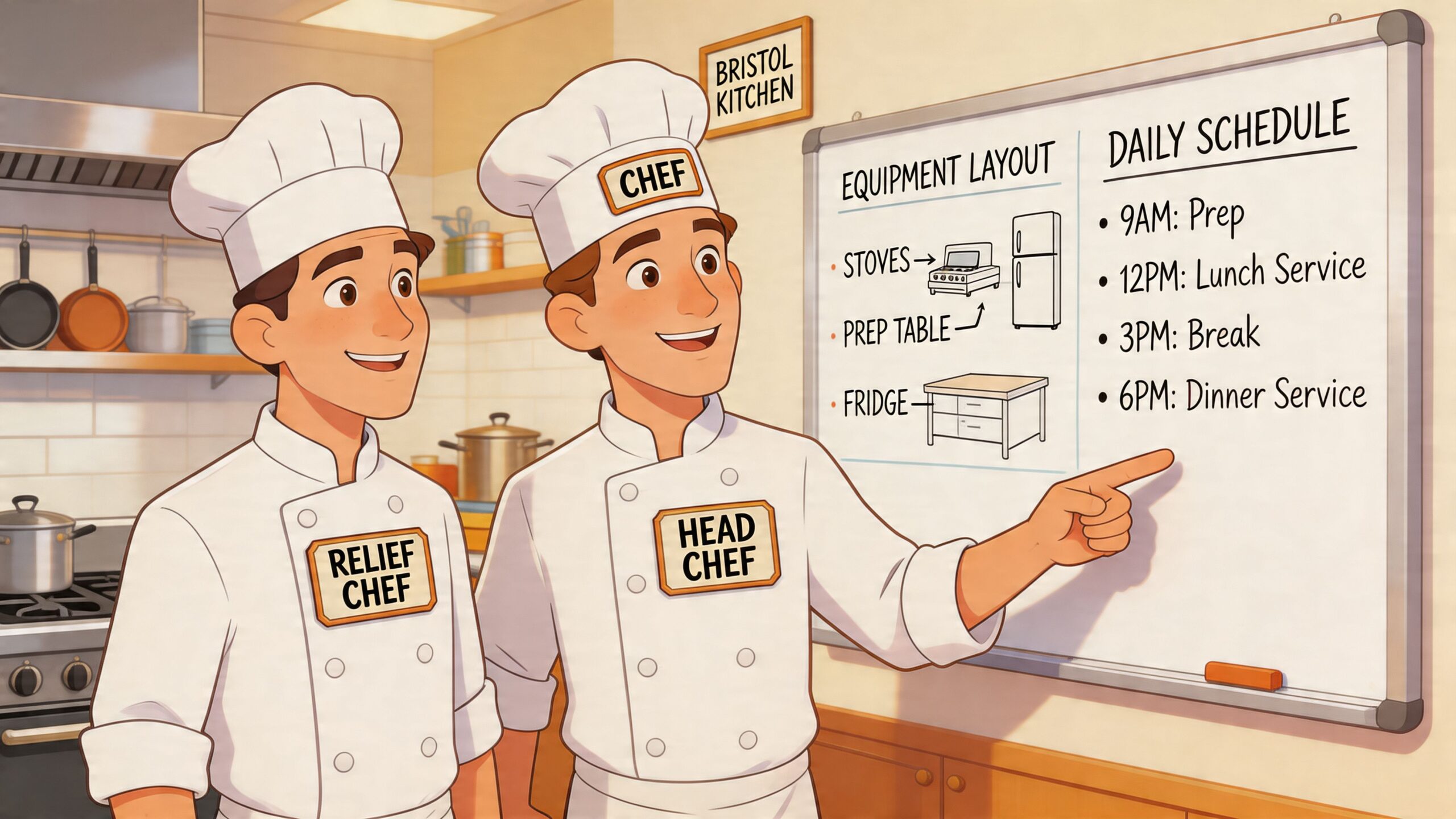 A relief chef and a head chef stand in a professional kitchen next to a whiteboard schedule.