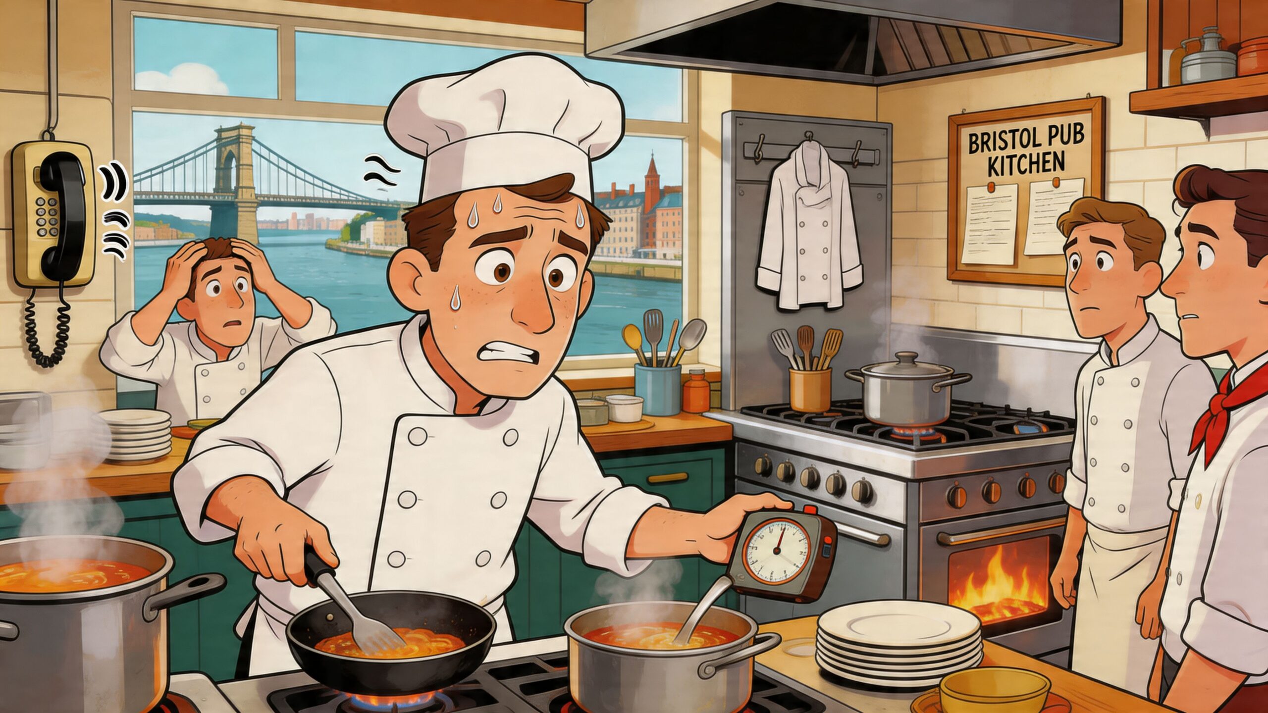 A stressed chef cooking in a chaotic professional kitchen with colleagues watching near a Bristol bridge view.
