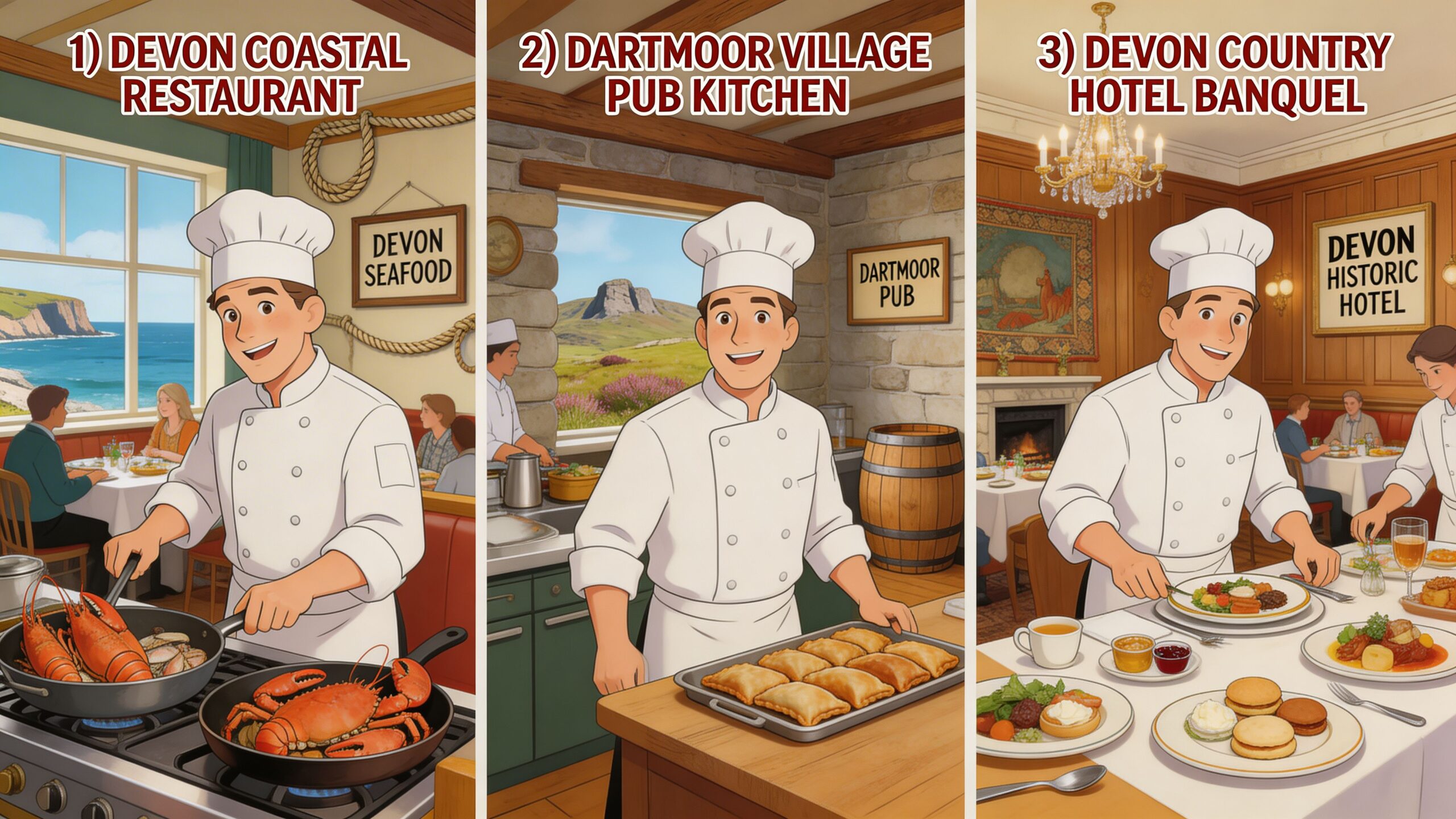 A split image showing relief chefs working in three different professional kitchens across Devon locations.