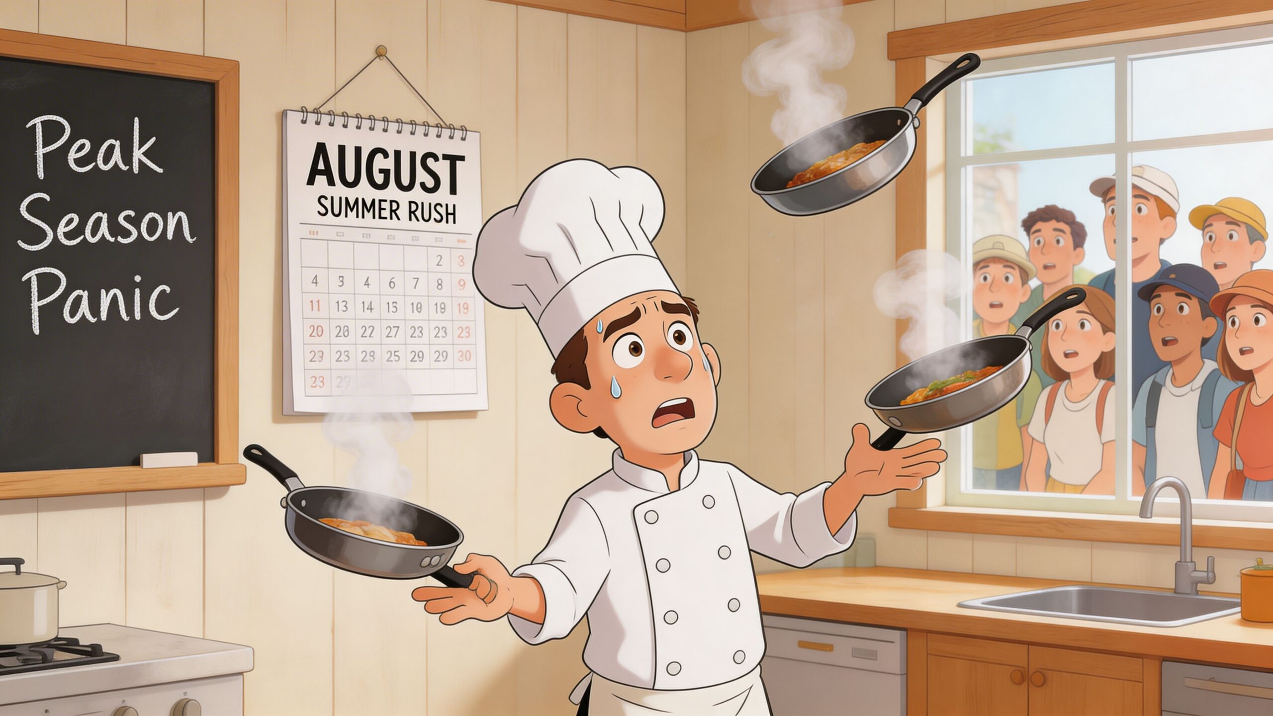 A panicked cartoon chef struggling to manage multiple flying frying pans in a busy kitchen with onlookers.