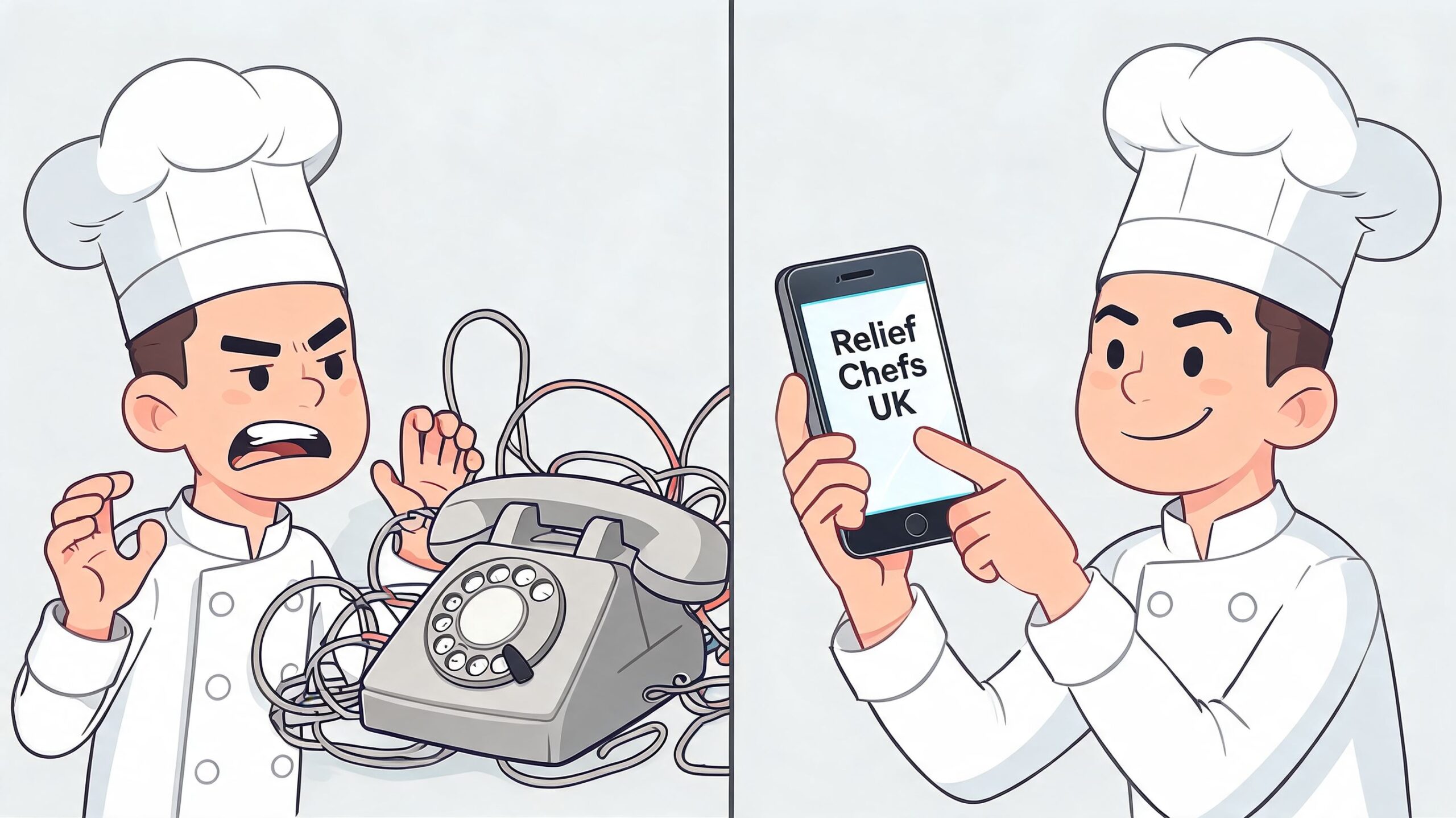 A cartoon illustration showing a frustrated chef with a tangled phone versus a happy chef using an app.