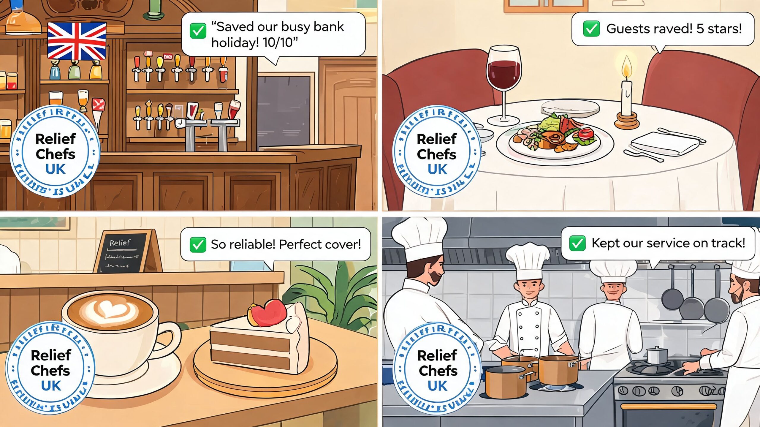 A collage showing relief chefs in a pub, restaurant, cafe, and professional kitchen environment.
