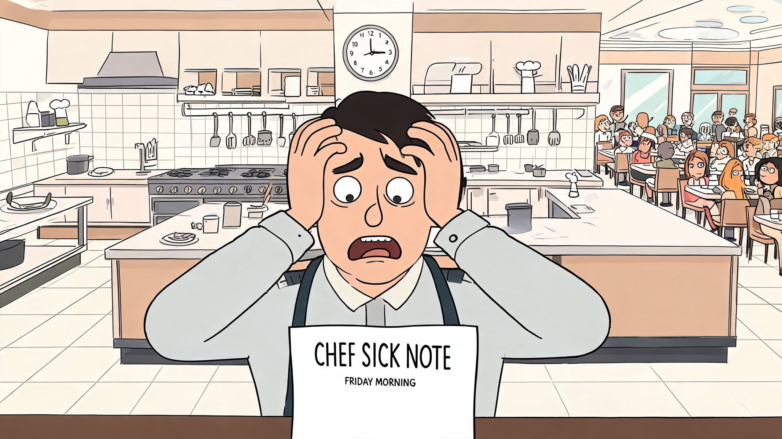 A stressed chef holds his head in his hands while looking at a sick note in a busy restaurant kitchen.