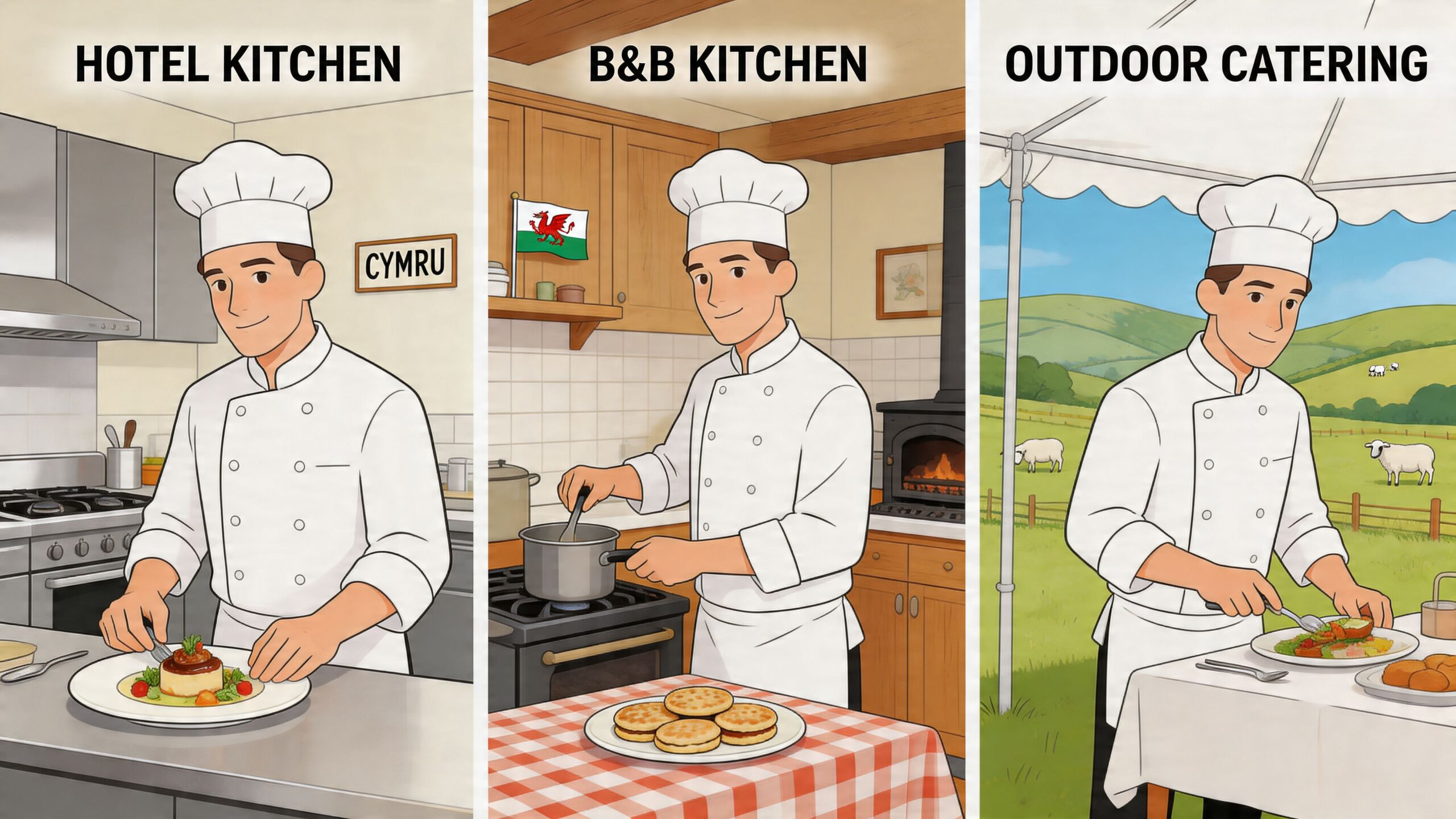 A split image showing a professional chef working in a hotel kitchen, a B&B kitchen, and outdoor catering.