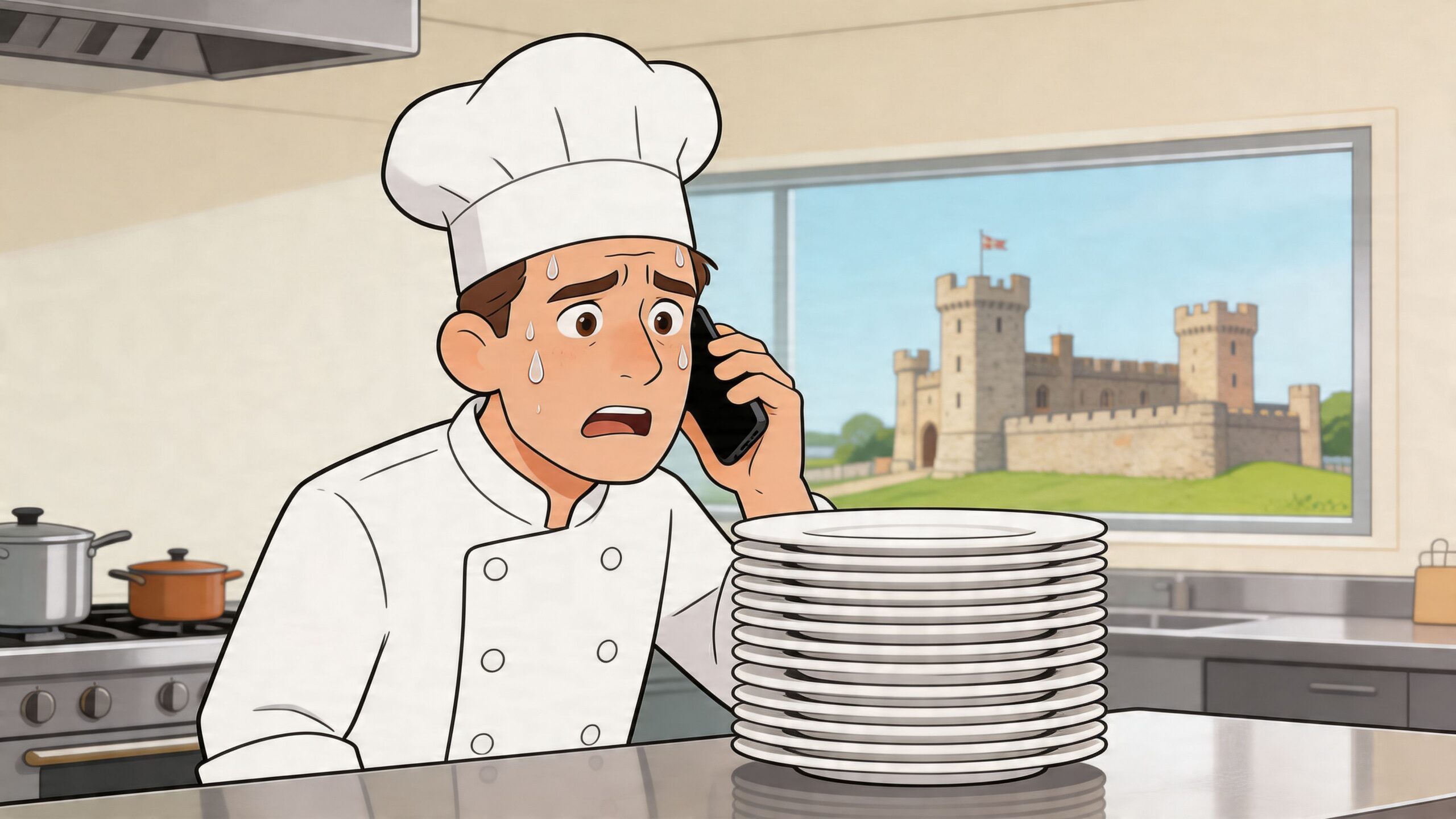 A stressed chef wearing a white uniform talks on the phone while standing beside a large stack of plates.