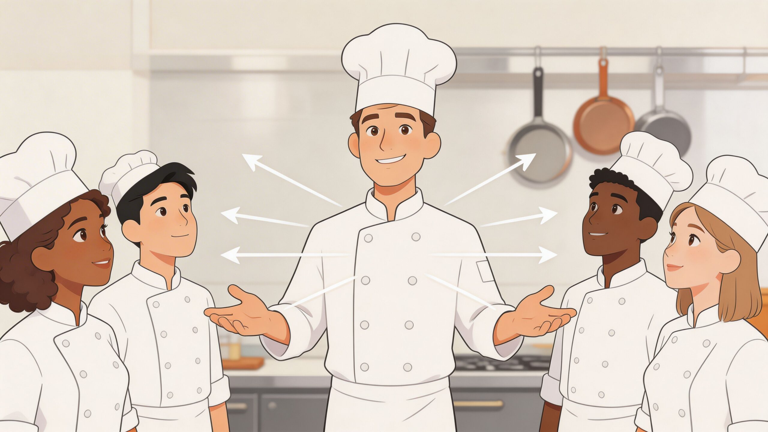 A professional head chef explaining culinary techniques to a group of trainee chefs in a kitchen.