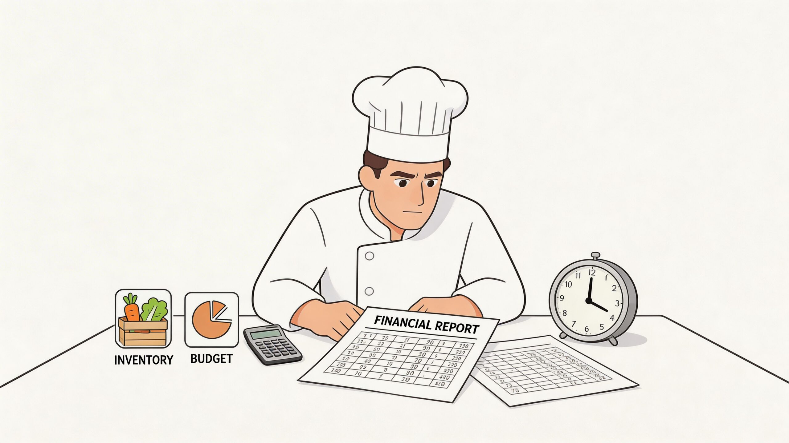 A concerned head chef reviewing financial reports, inventory, and budget documents while working at a desk.