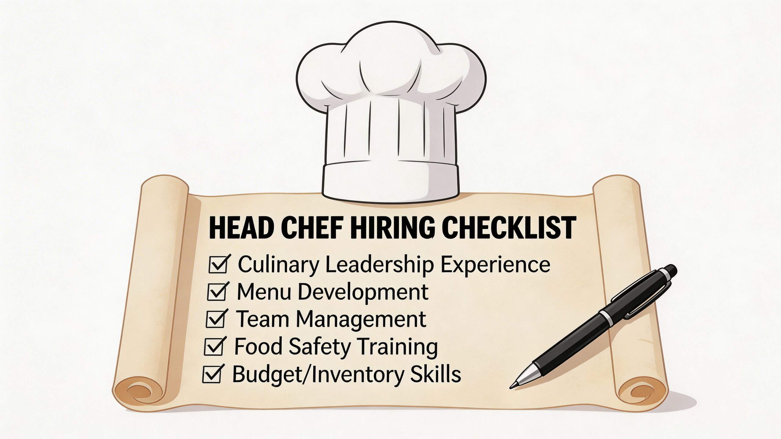 A scroll with a Head Chef hiring checklist featuring leadership, menu development, and team management skills.