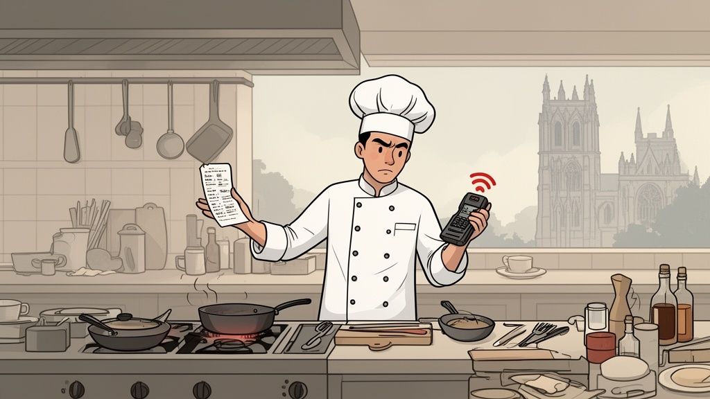 A stressed chef in a busy kitchen, holding a long order receipt and a beeping device.