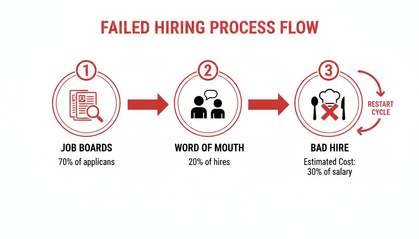 Flowchart illustrating a failed hiring process from job boards to bad hires, showing costs and a restart cycle.