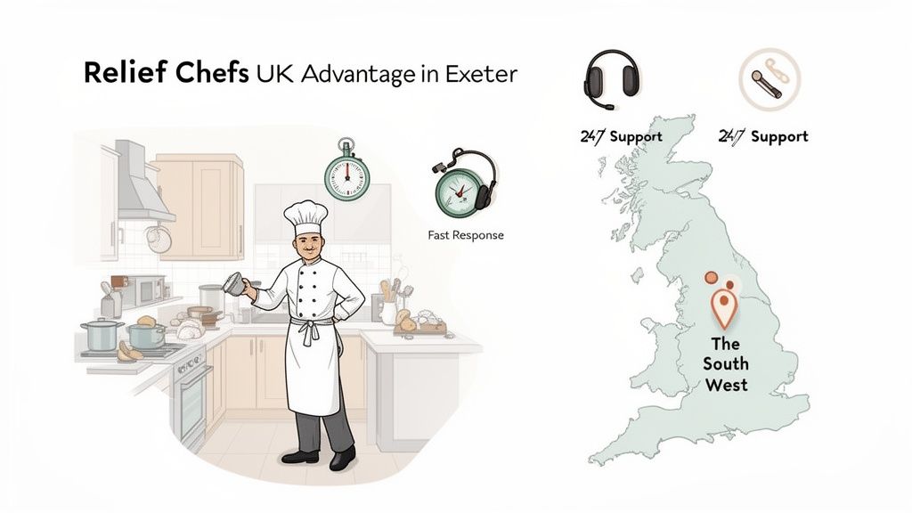 Illustrates Relief Chefs UK advantage in Exeter with a chef, fast response, and 24/7 support across the UK.