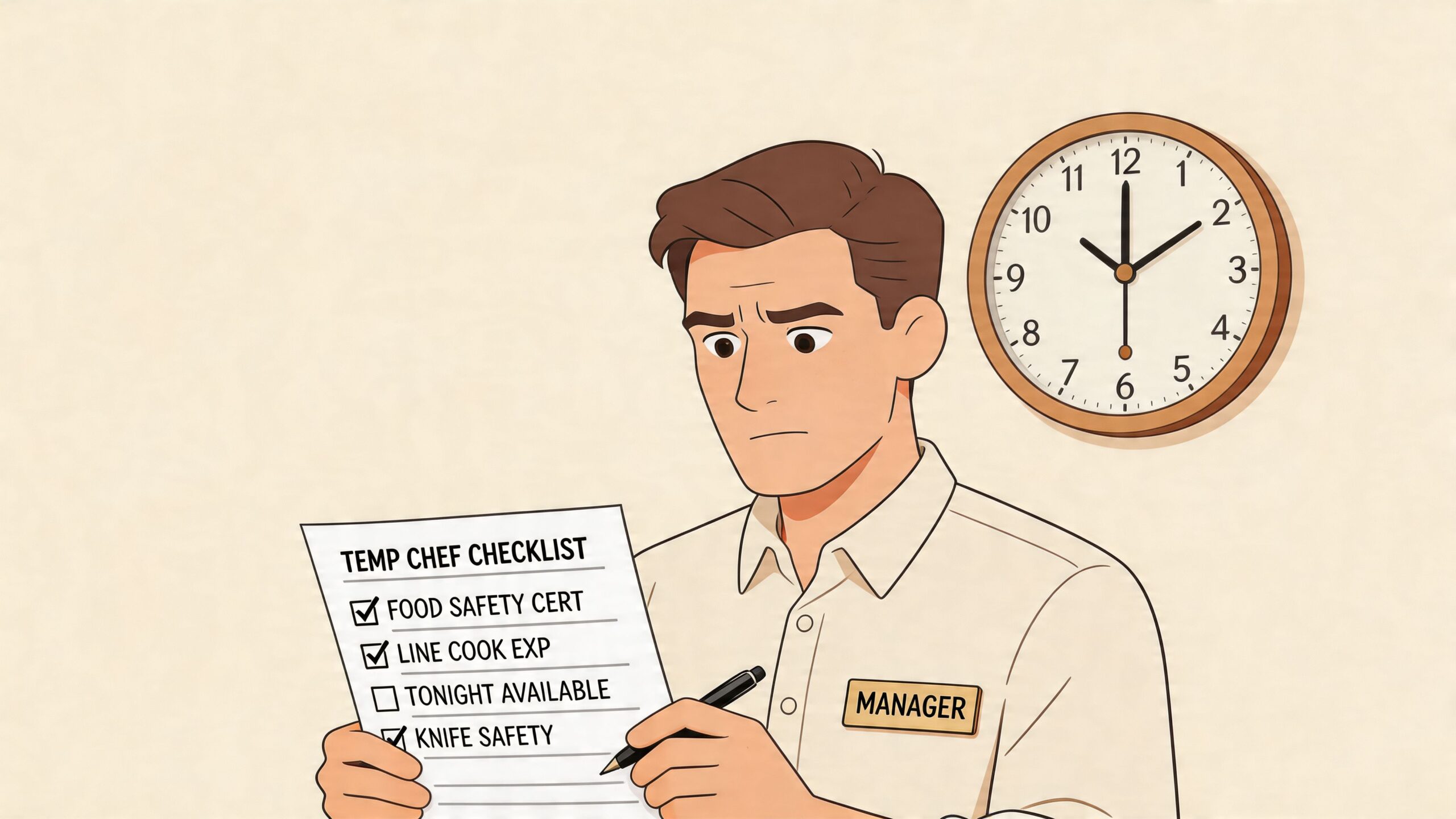 A concerned restaurant manager holding a checklist for temporary chefs while looking at a wall clock.
