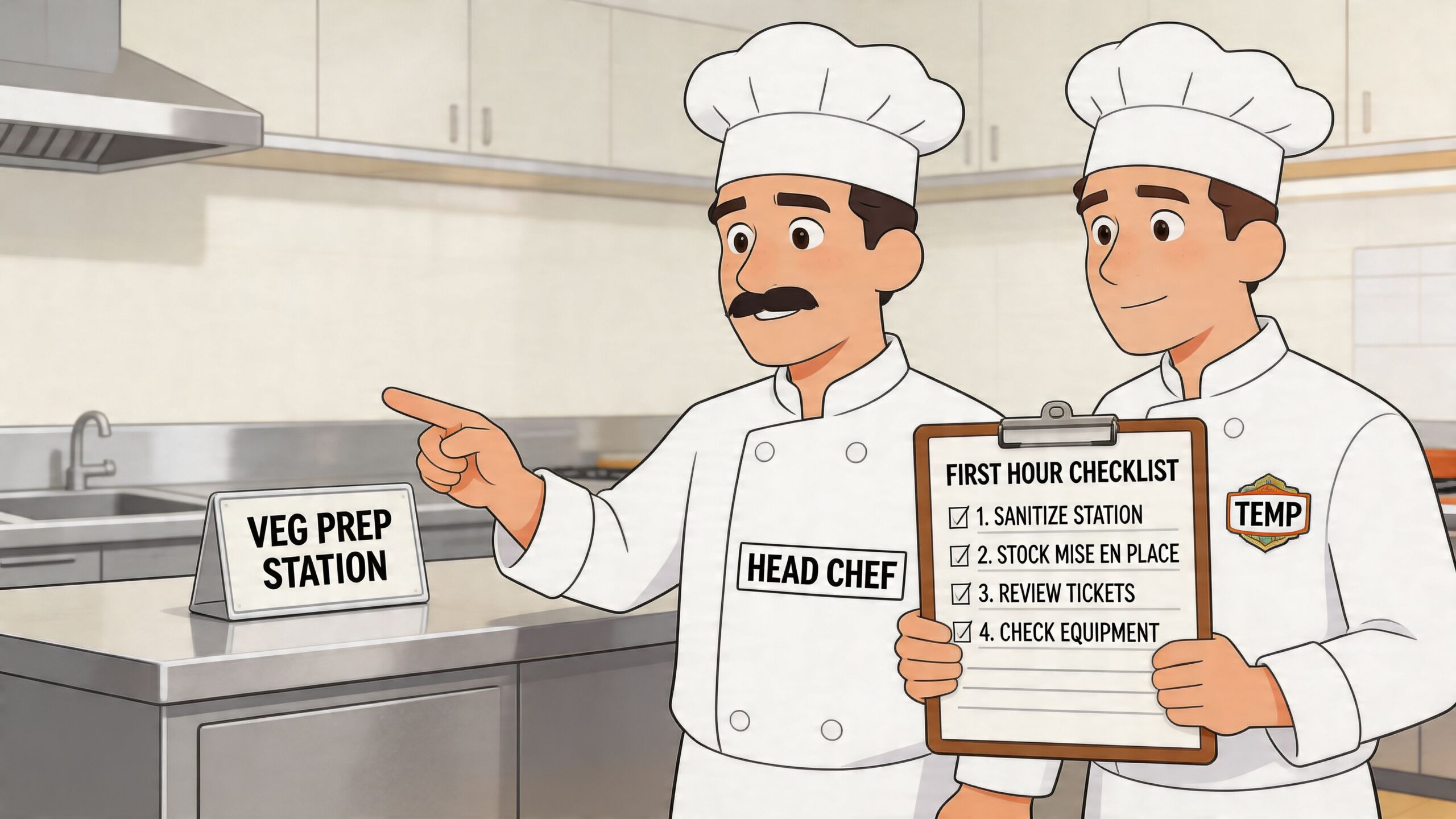 A head chef instructing a temporary kitchen worker in front of a vegetable preparation station in a kitchen.