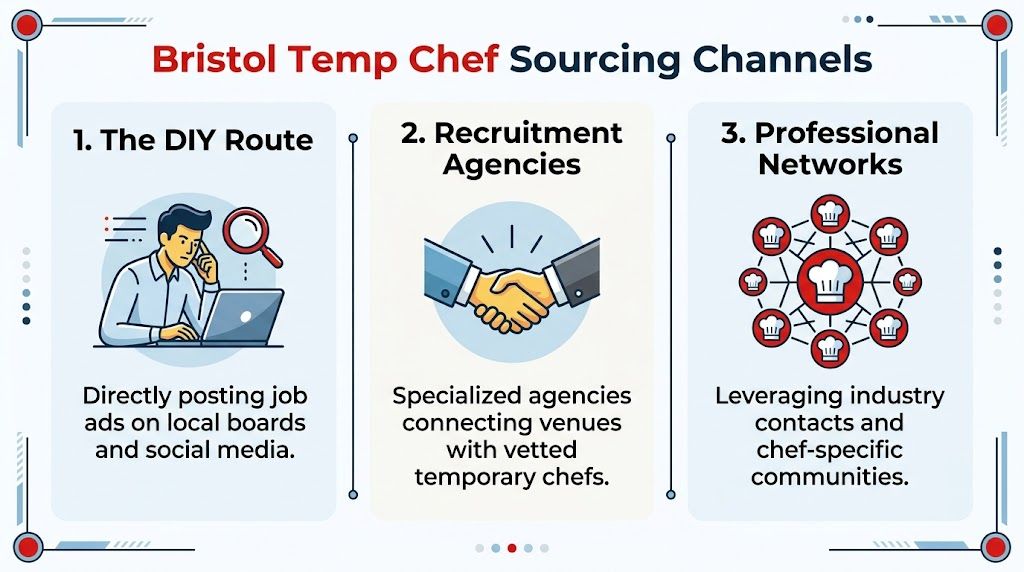 A graphic showing three key channels for sourcing temporary chefs in Bristol: DIY, agencies, and professional networks.