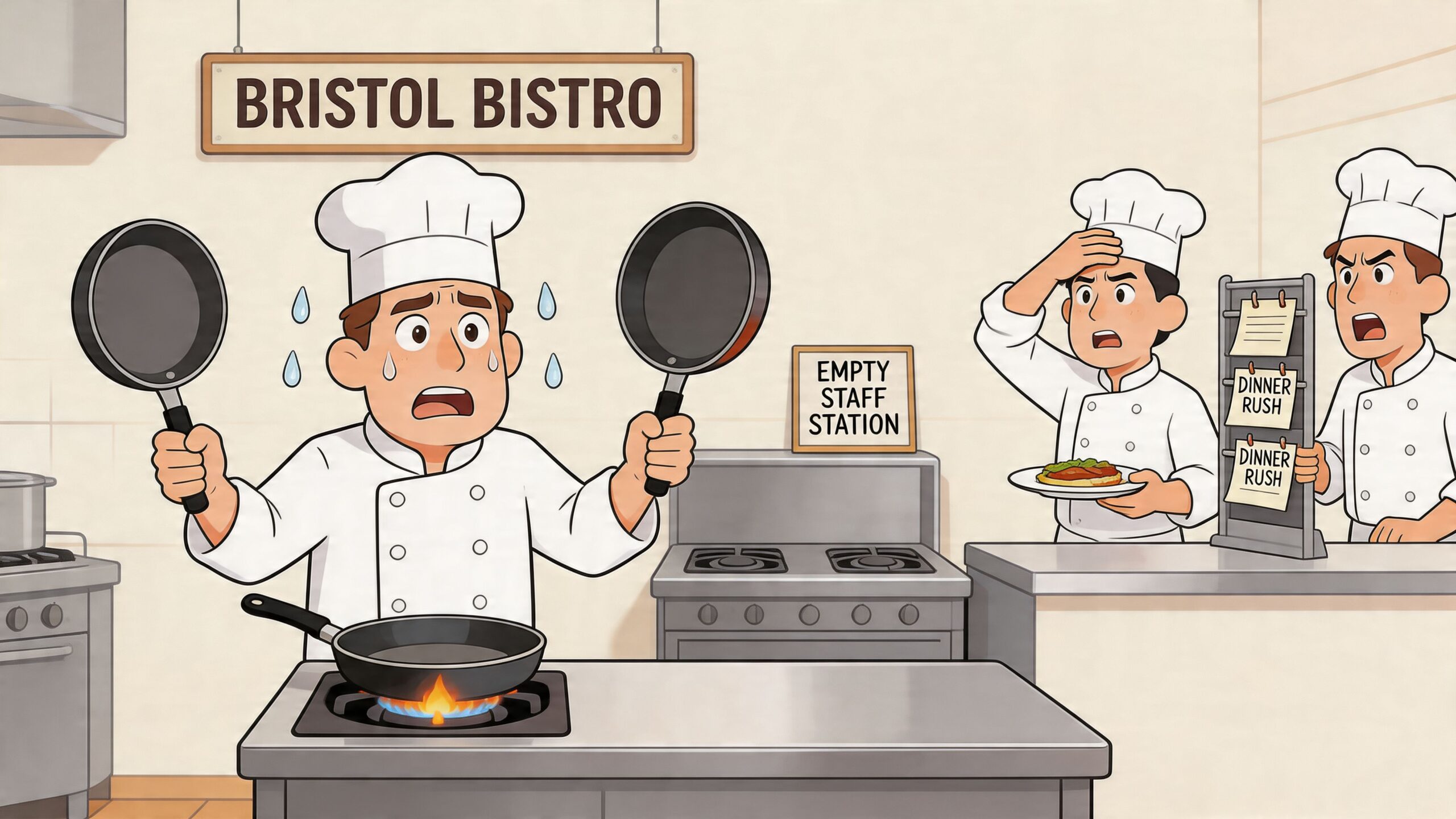 Three panicked chefs in a professional kitchen struggling with an overwhelming dinner rush at Bristol Bistro.