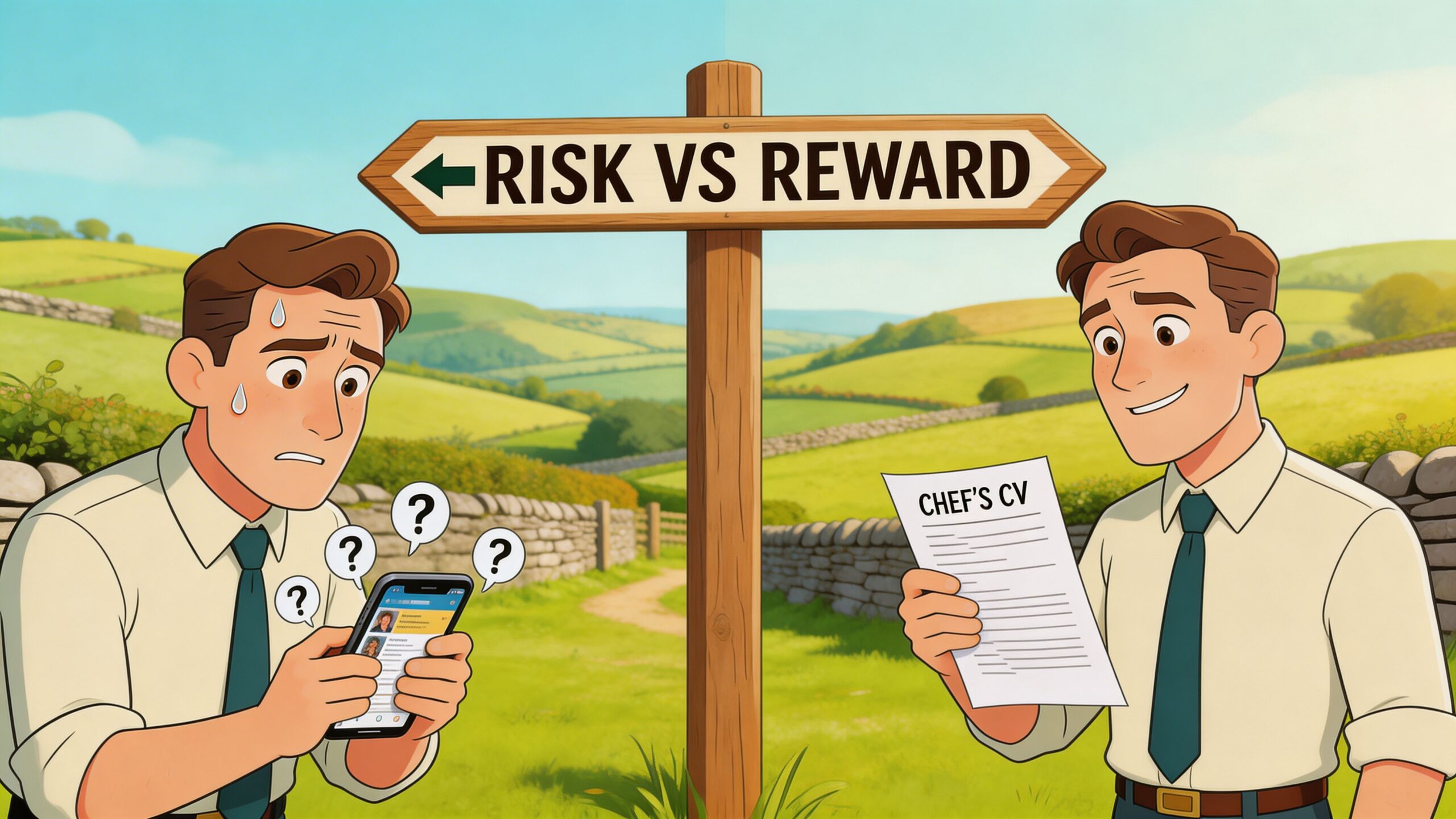 An illustration showing a man stressed over online messages versus a man pleased reviewing a chef's CV.