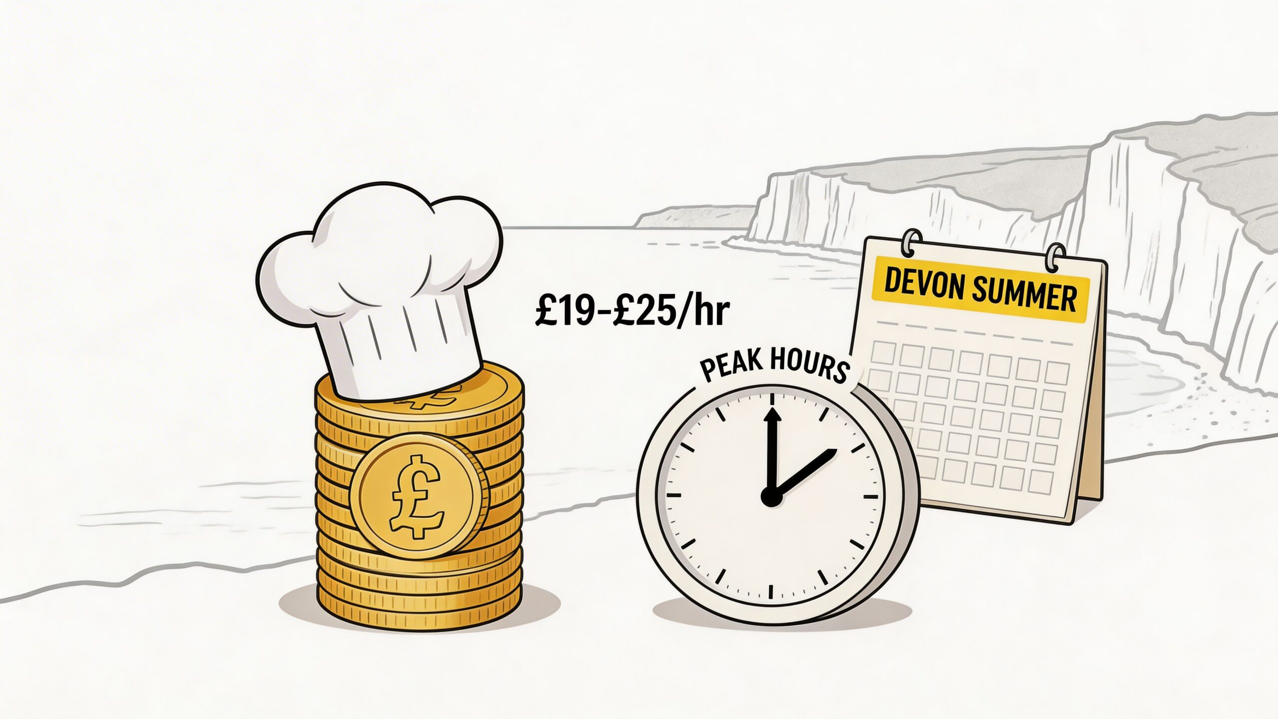 A graphic depicting summer chef work in Devon with pay rates between £19 and £25 per hour.