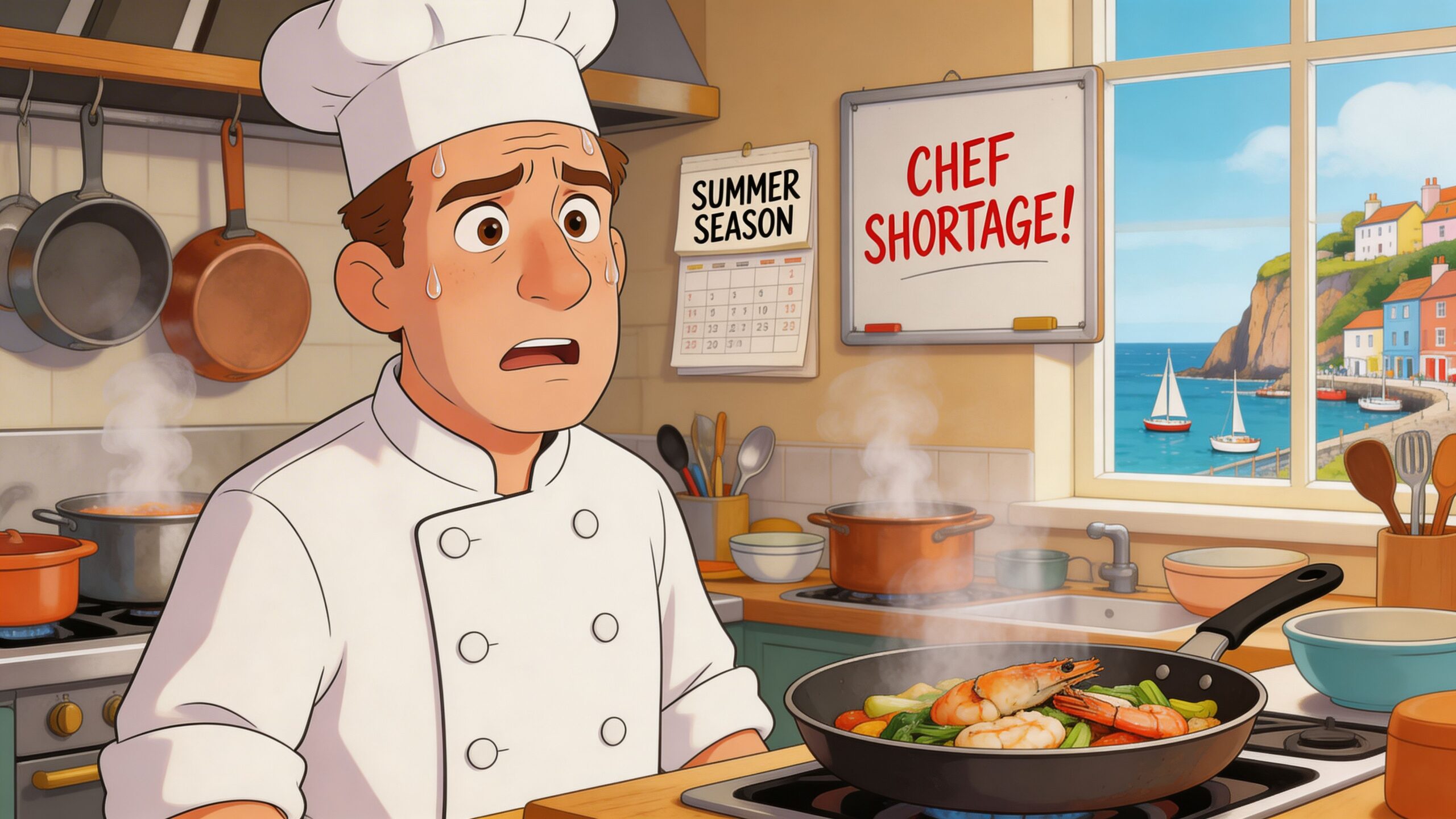 A stressed chef cooking in a busy kitchen with a sign saying Chef Shortage on the wall.