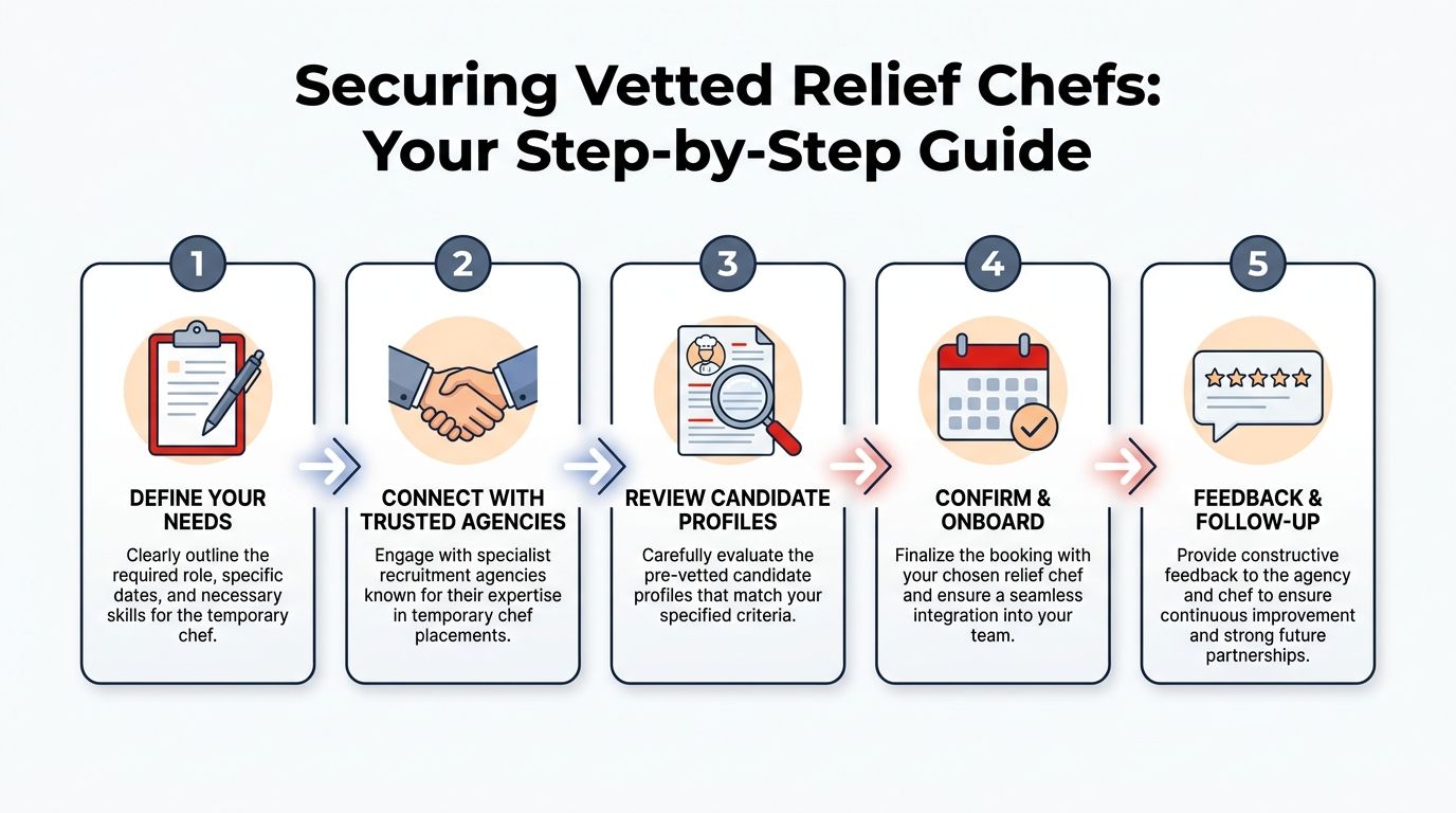A five-step guide illustration for businesses on how to hire vetted temporary relief chefs successfully.