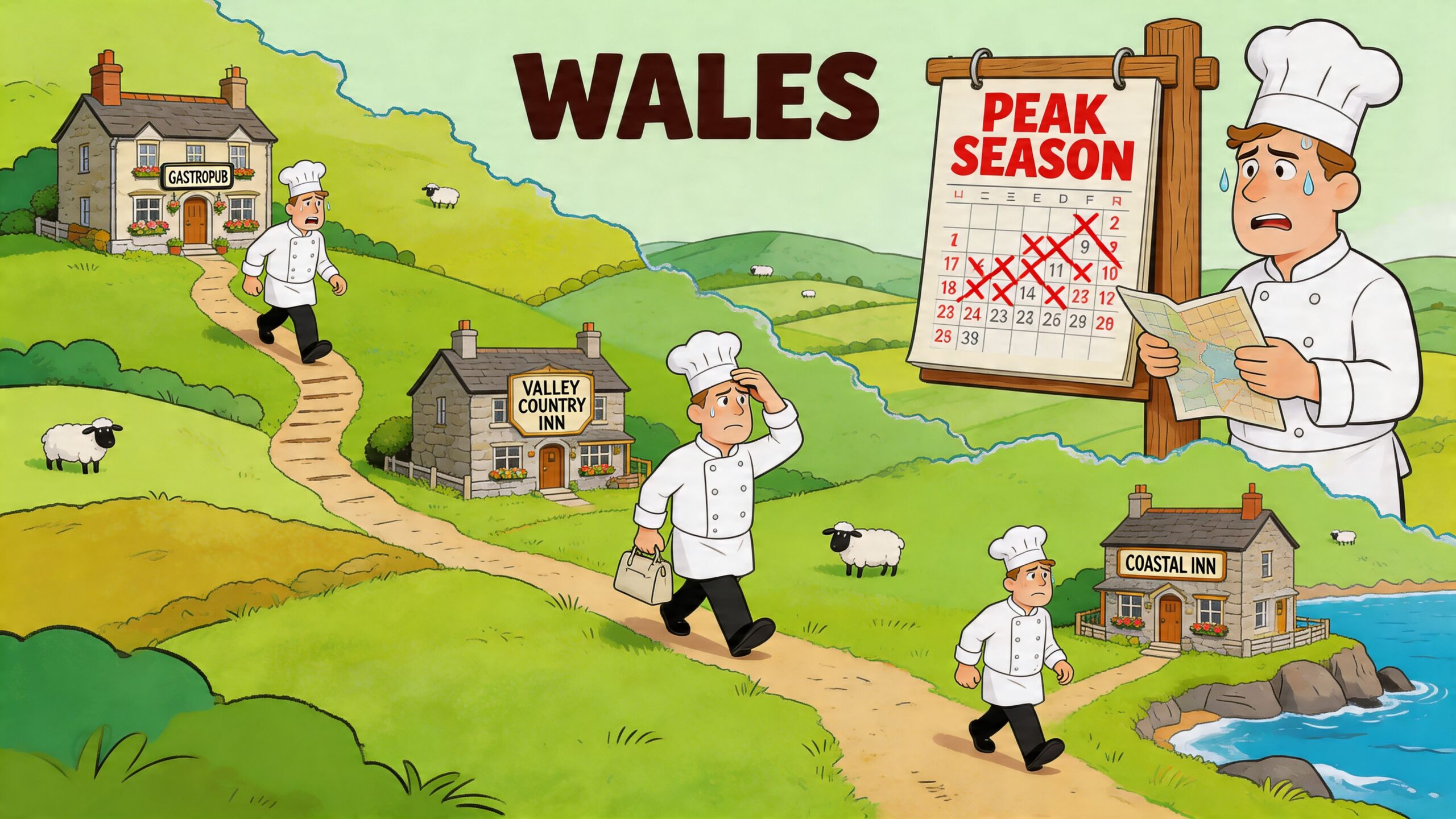 Several tired chefs walking between rural inns in the Welsh countryside during a busy peak travel season.