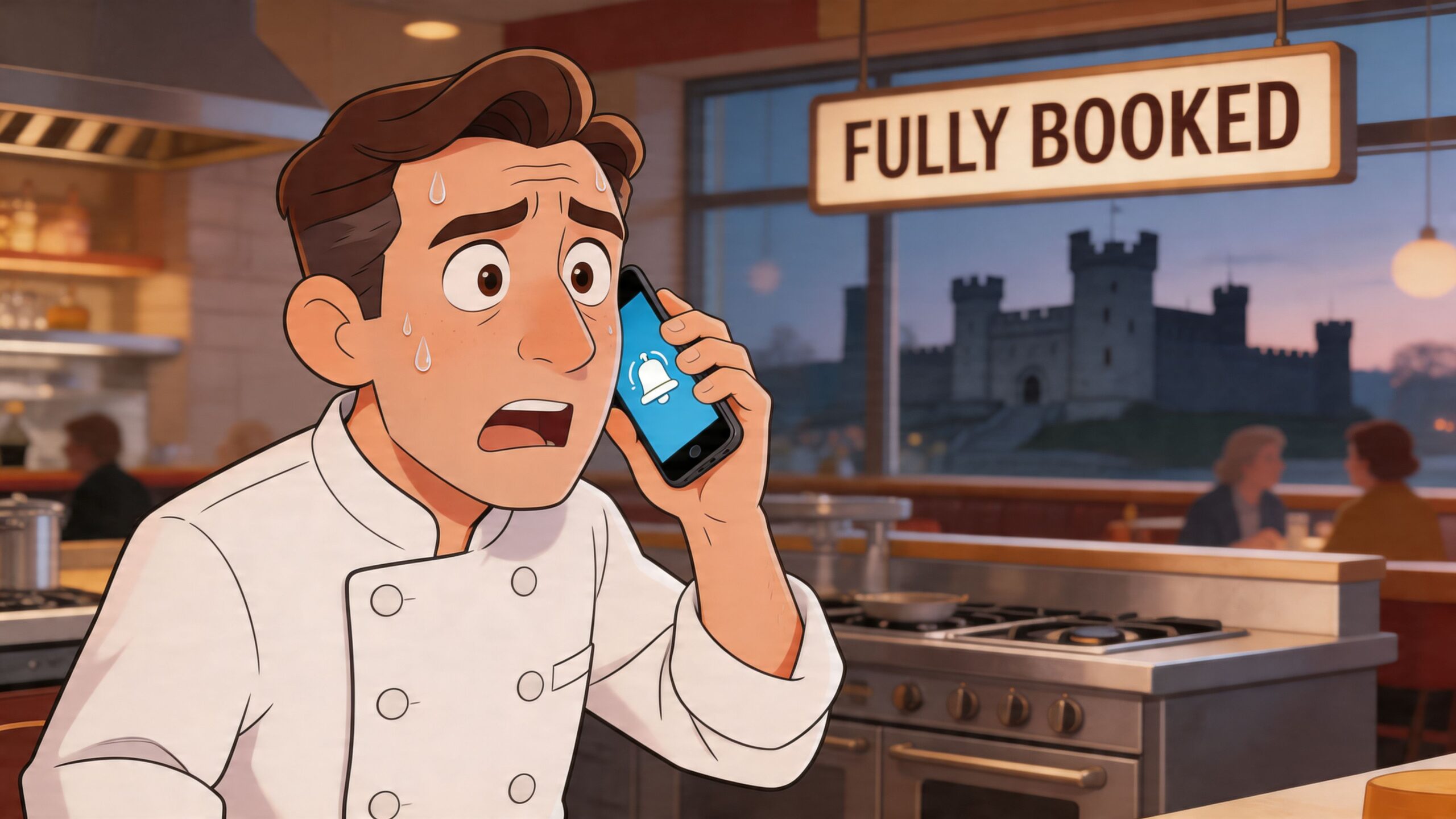 A stressed chef in a restaurant kitchen looking at a phone notification with a castle in background.