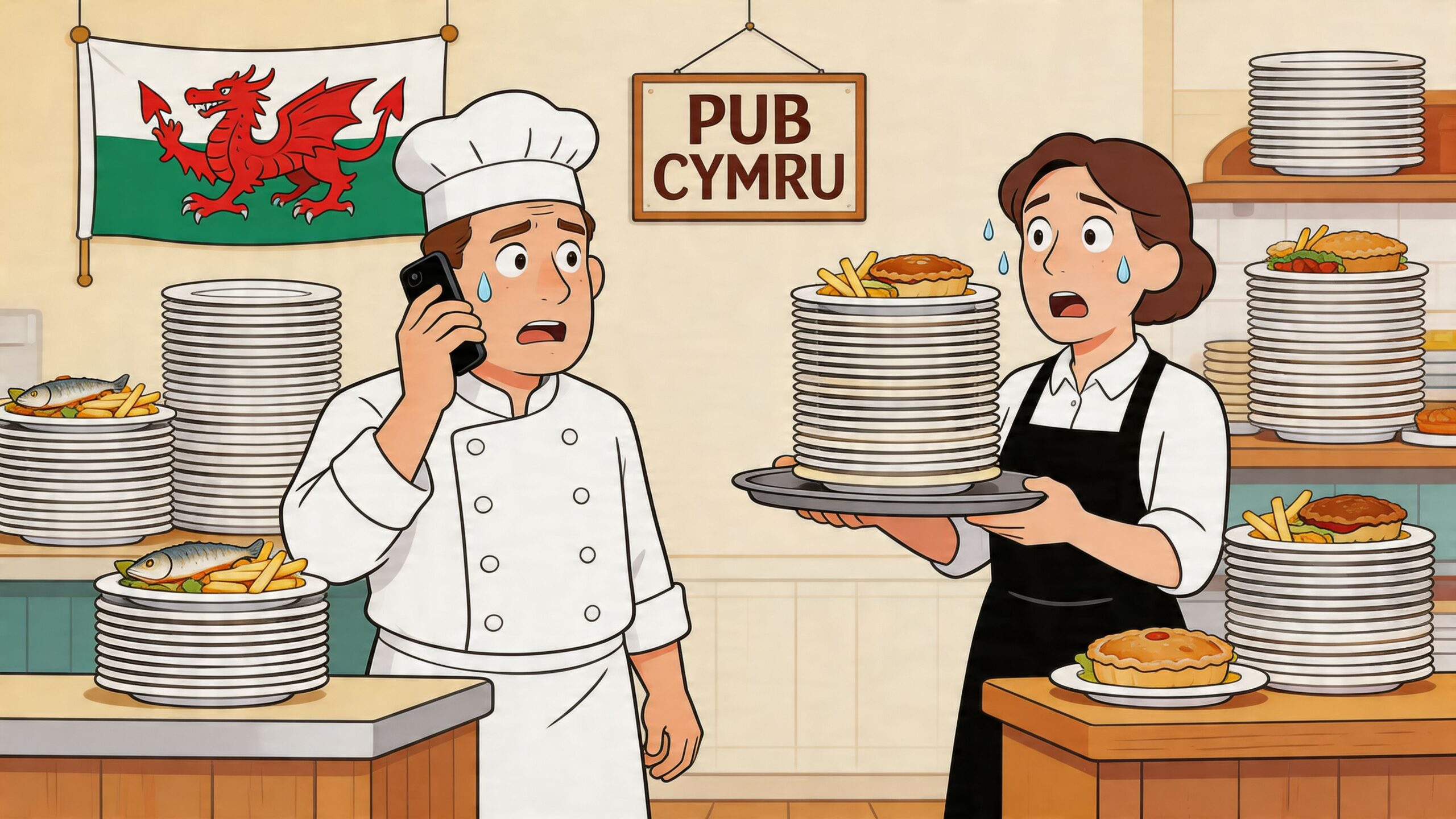 A stressed chef and waitress in a busy Welsh pub surrounded by stacks of plates and food.