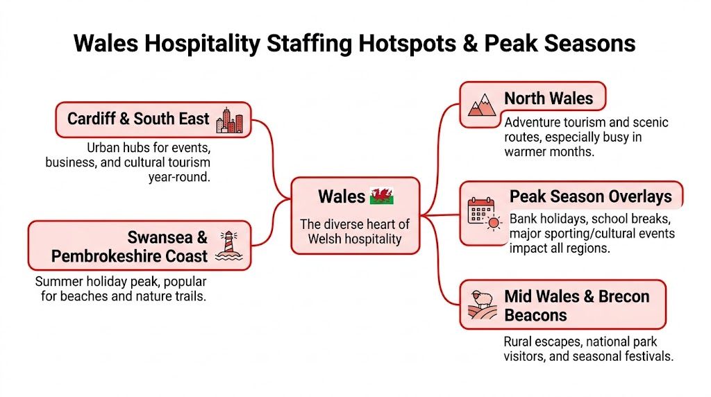 A diagram illustrating hospitality staffing hotspots and peak seasons across different regions in Wales.