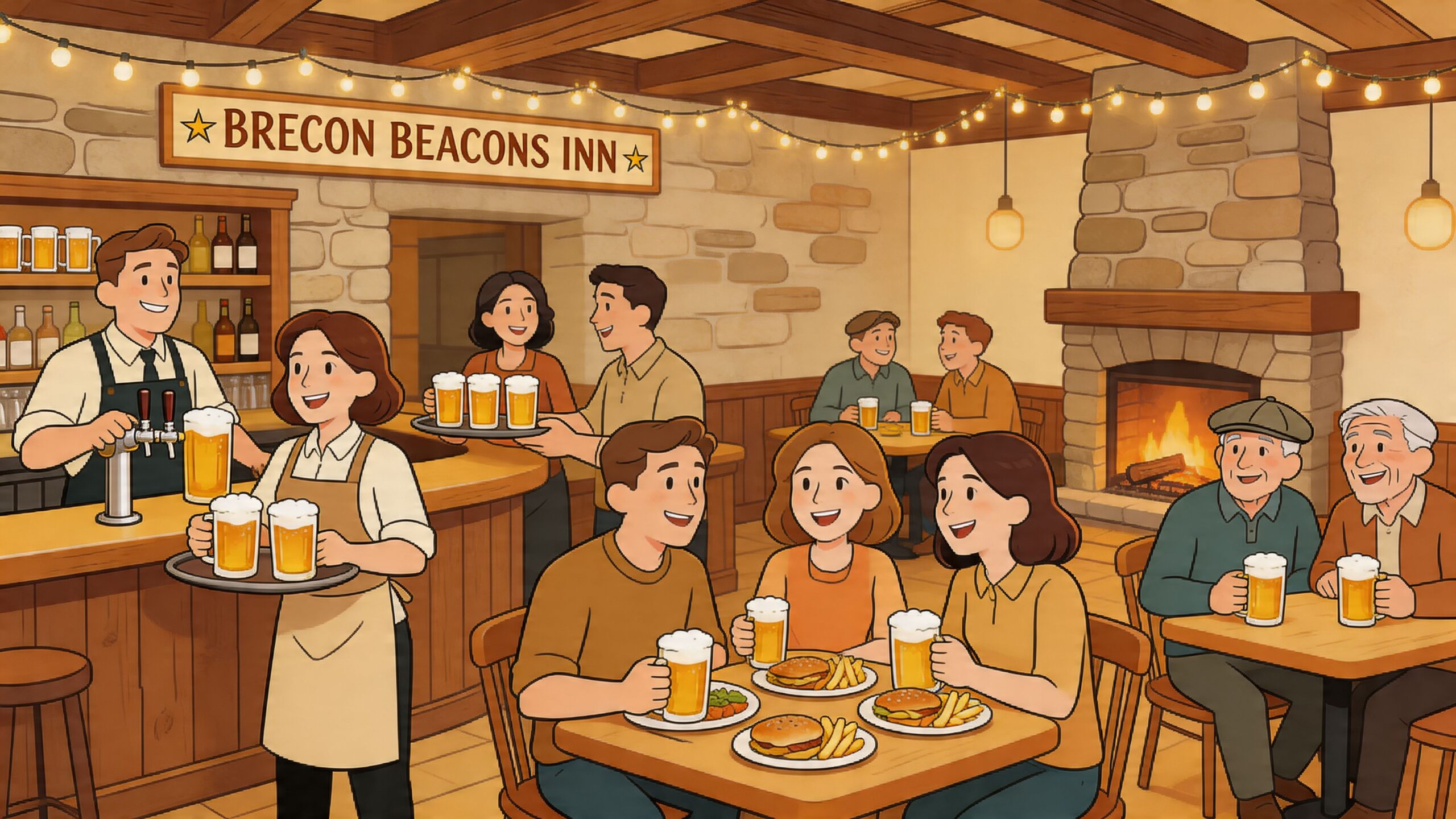 A cozy, warm, and cheerful pub interior filled with people enjoying beer, food, and conversation together.