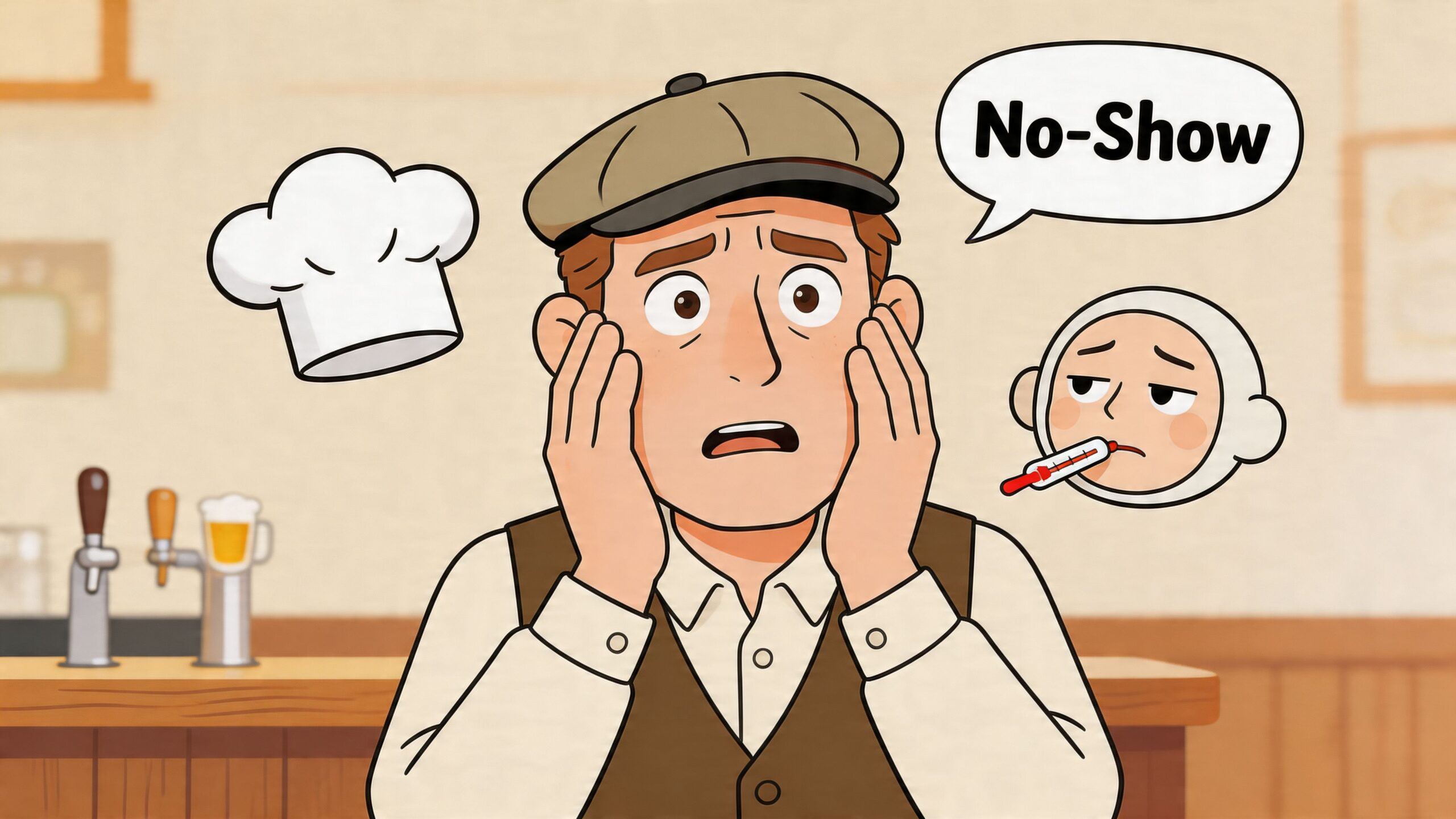 A worried man in a newsboy cap stands in a restaurant behind a bar, thinking about sickness.