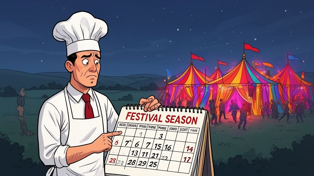 A worried chef holding a calendar pointing at dates in front of a colorful, busy festival tent.