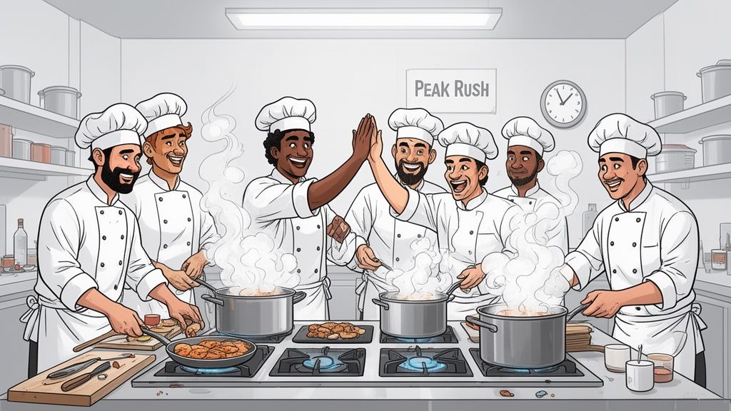 A team of diverse happy chefs working together in a busy kitchen with steaming pots on stoves.