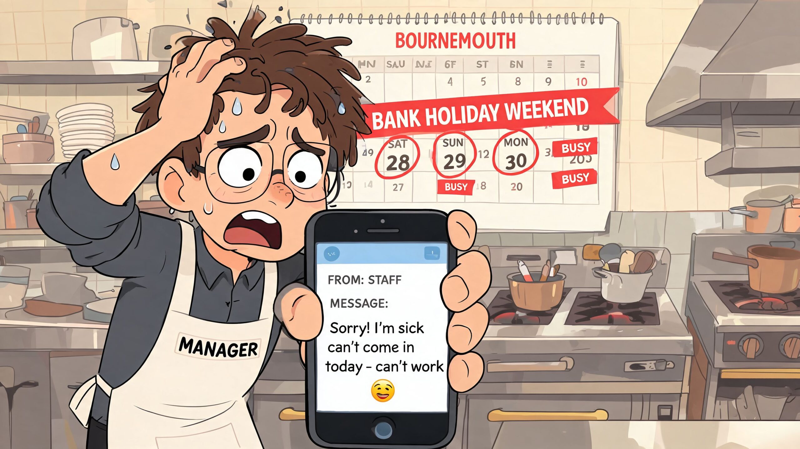 Stressed restaurant manager looking at a text message about a staff member calling in sick.