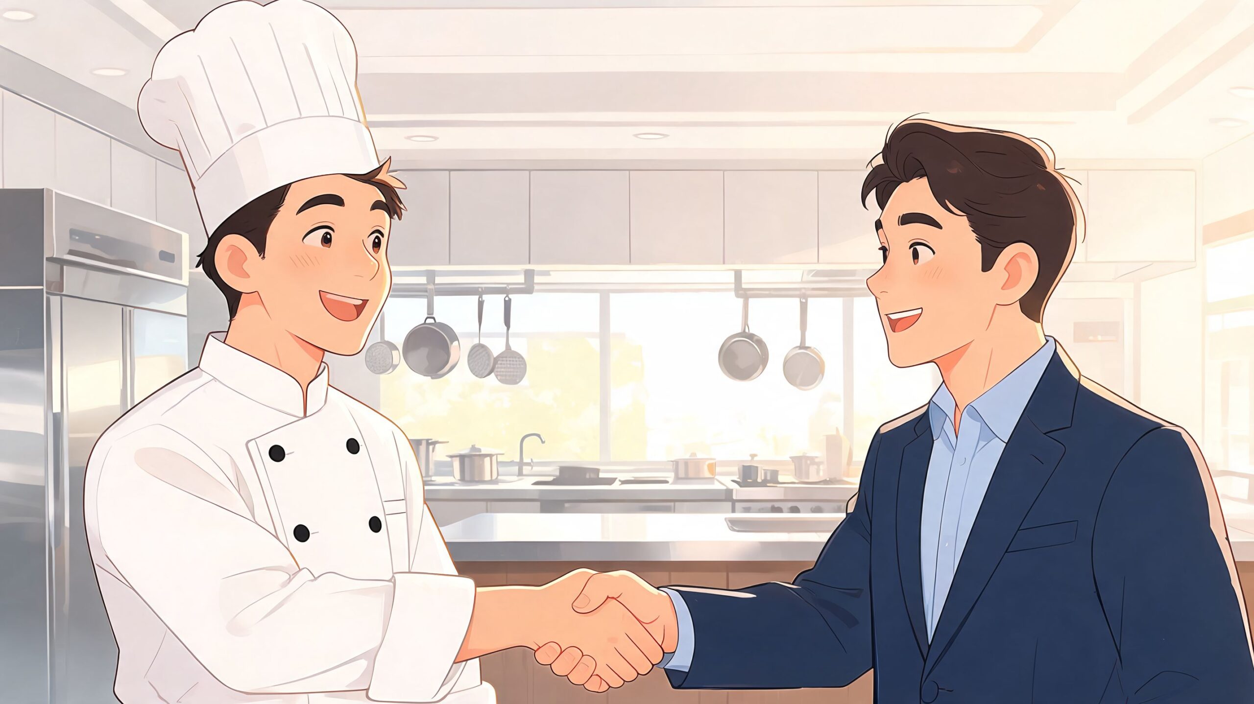 A professional chef in uniform shaking hands with a business person in a bright modern kitchen.