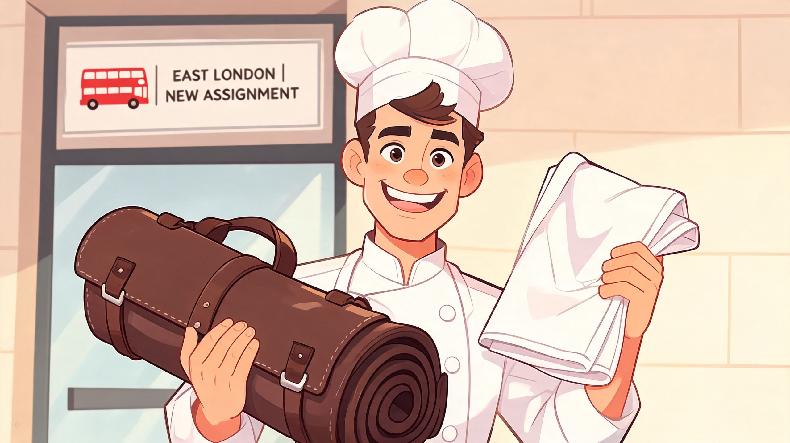 A cheerful young chef in a white uniform holding a brown leather knife roll and a kitchen towel.